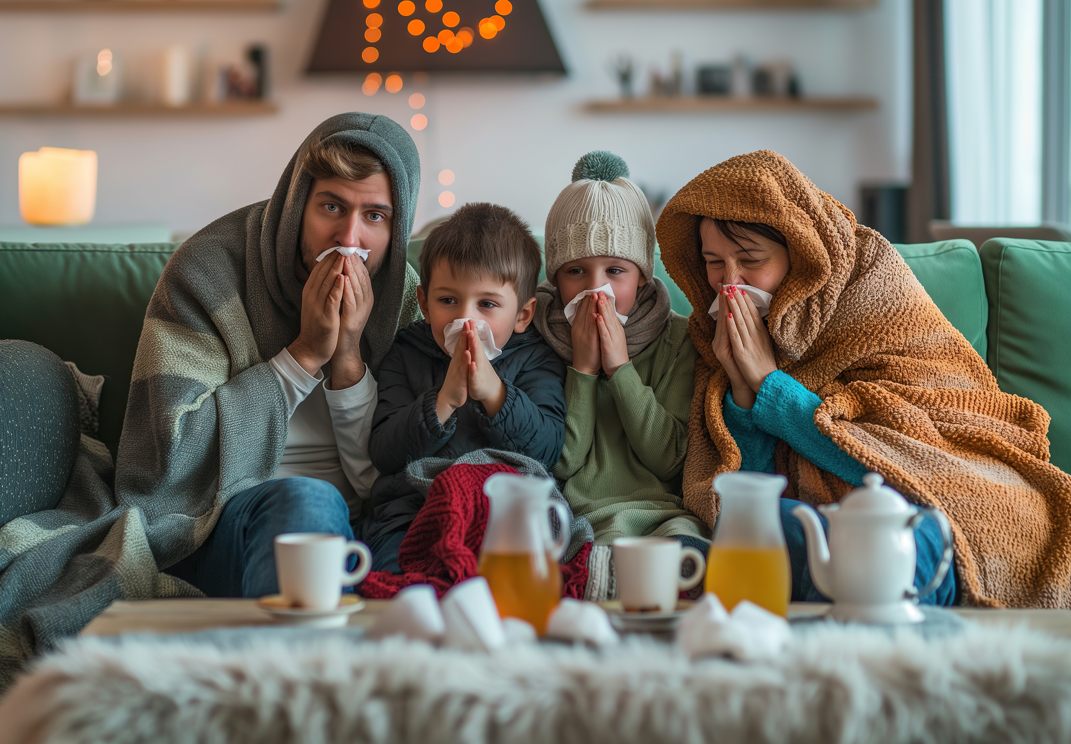 Family fights winter illness by resting on couch together.  
